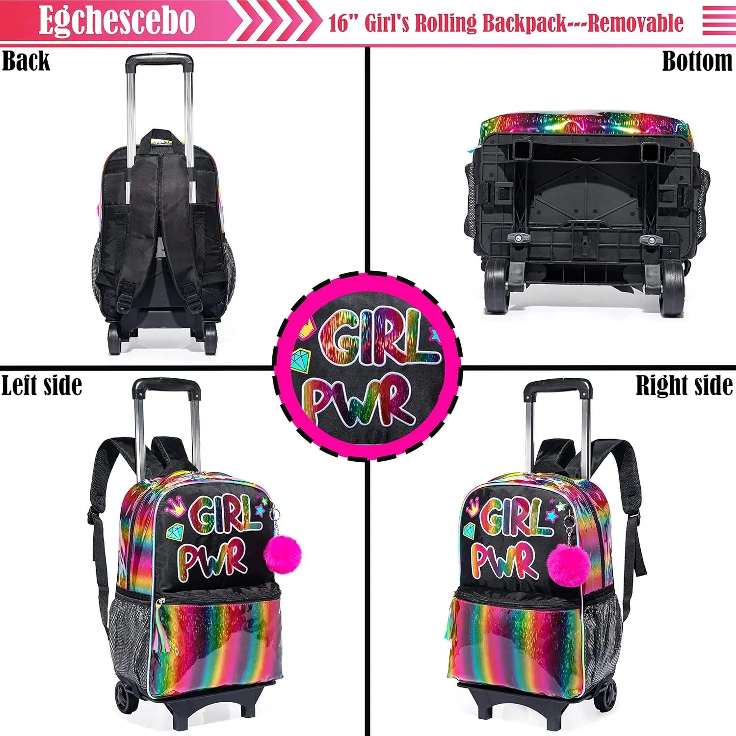 Egchescebo kids Rolling Kid Travel Toddler Duffle Bag Detachable Backpack for Girls Carry on Luggage Roller Computer Suitcase with Pencil Case and Lunch Box Wheels Wheeled Backpacks Girls Black