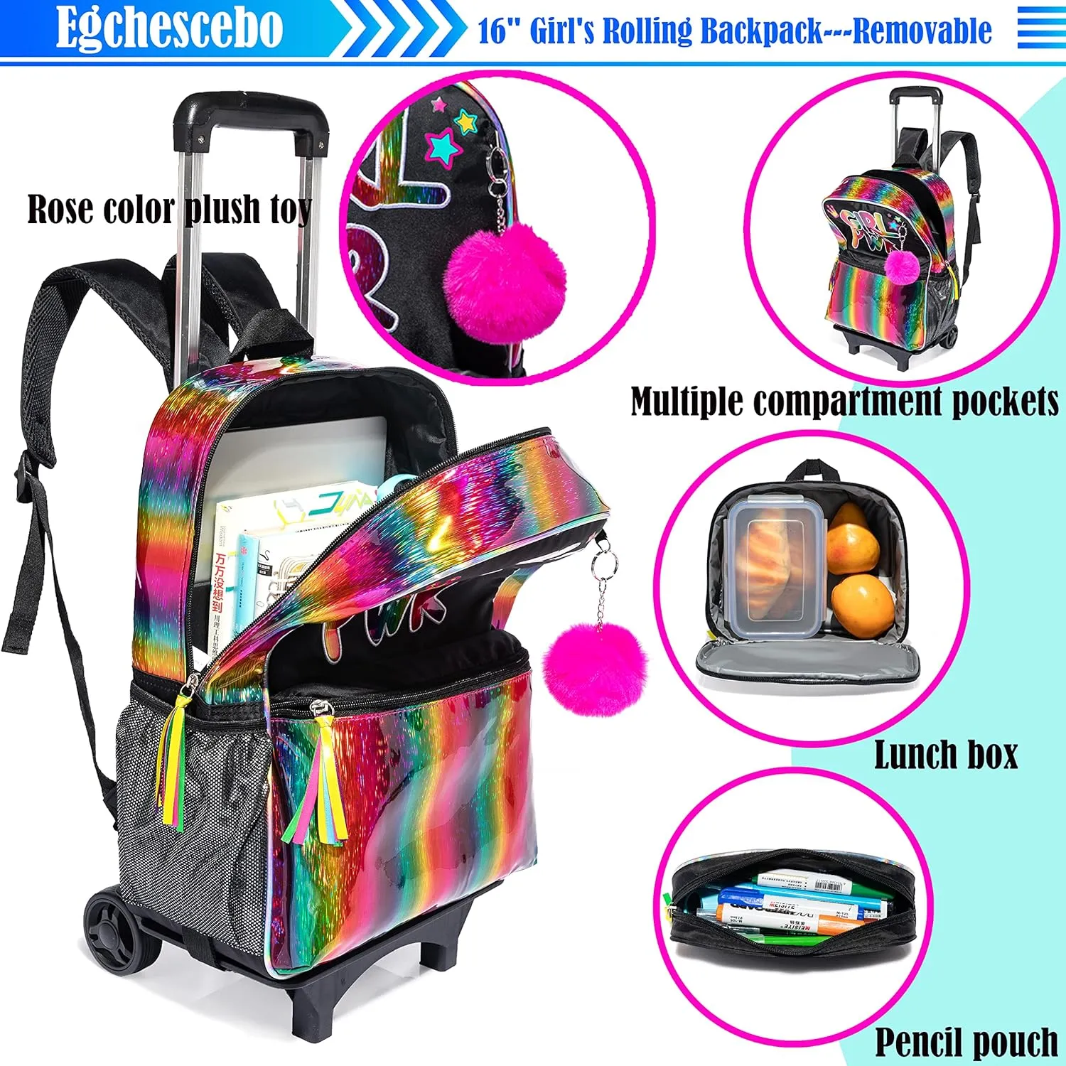 Egchescebo kids Rolling Kid Travel Toddler Duffle Bag Detachable Backpack for Girls Carry on Luggage Roller Computer Suitcase with Pencil Case and Lunch Box Wheels Wheeled Backpacks Girls Black