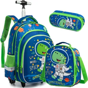Egchescebo School Bags Kids Rolling Dinosaur Backpack for Boys Kids Luggage Kids Suitcase With Wheels Trolley Wheeled Backpacks for Boys Travel Bags 3PCS Boys Cat Backpack With Lunch Box Blue
