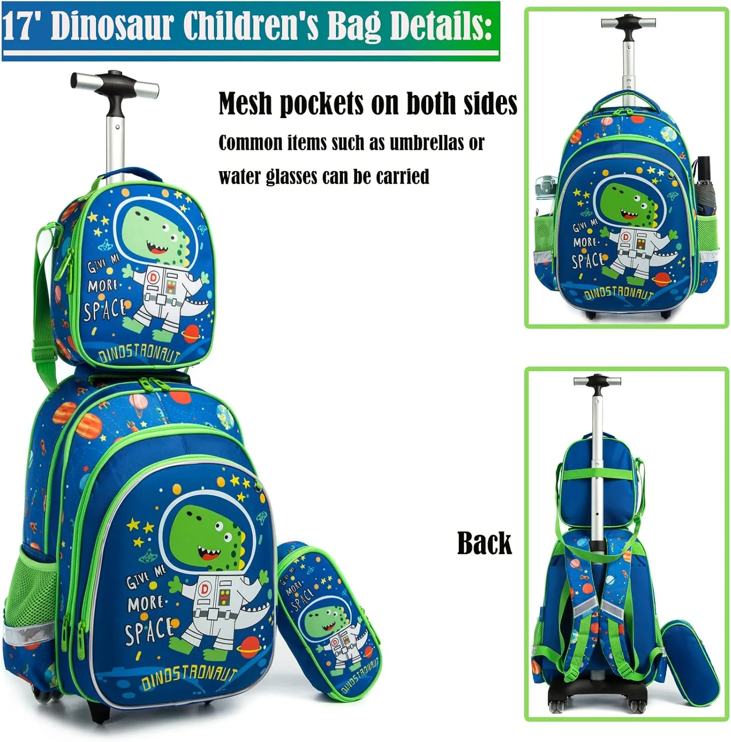 Egchescebo School Bags Kids Rolling Dinosaur Backpack for Boys Kids Luggage Kids Suitcase With Wheels Trolley Wheeled Backpacks for Boys Travel Bags 3PCS Boys Cat Backpack With Lunch Box Blue