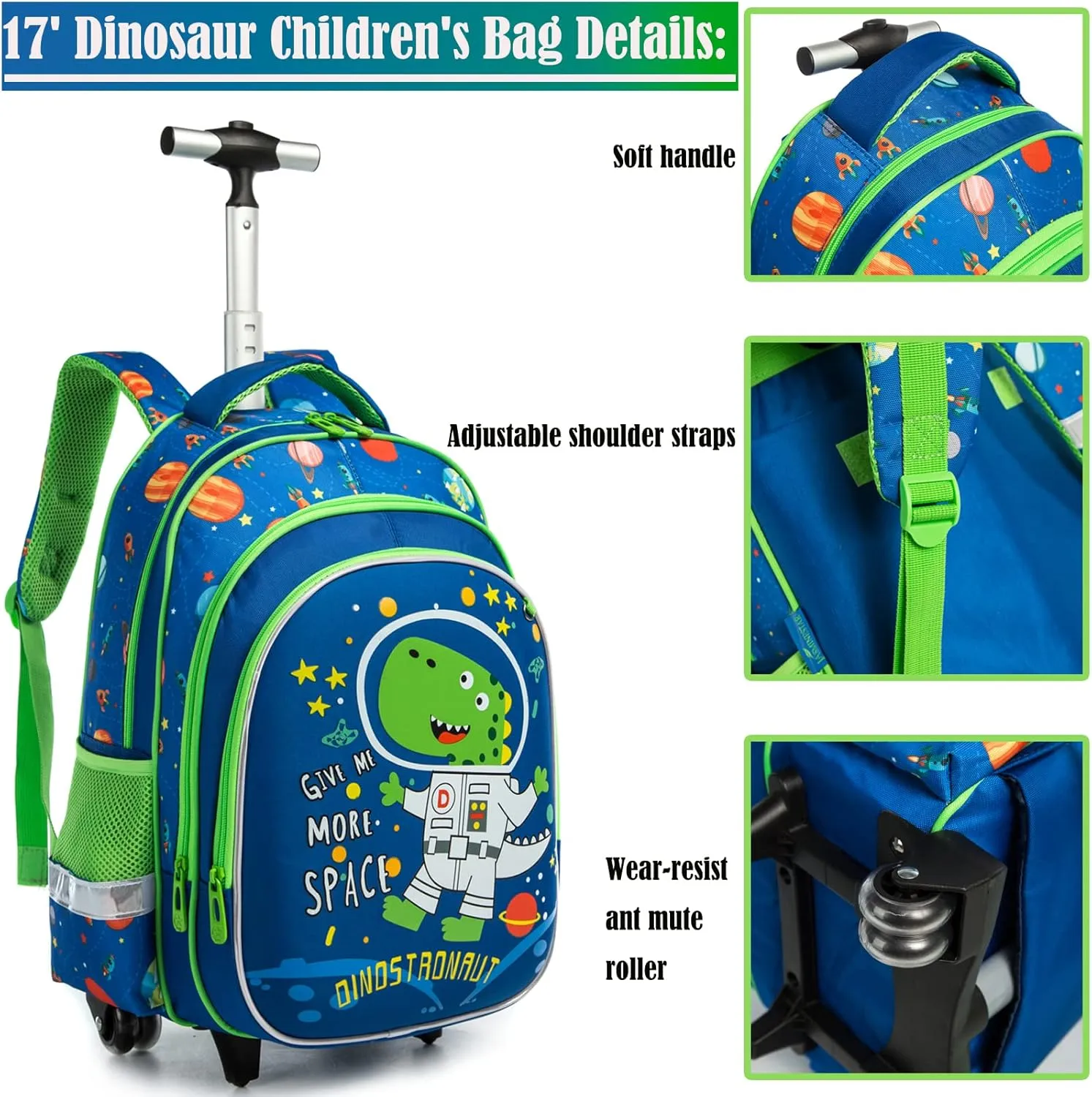 Egchescebo School Bags Kids Rolling Dinosaur Backpack for Boys Kids Luggage Kids Suitcase With Wheels Trolley Wheeled Backpacks for Boys Travel Bags 3PCS Boys Cat Backpack With Lunch Box Blue