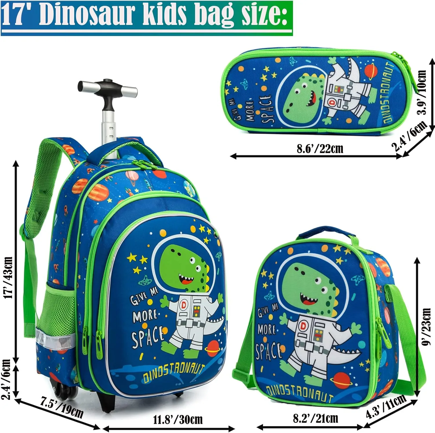 Egchescebo School Bags Kids Rolling Dinosaur Backpack for Boys Kids Luggage Kids Suitcase With Wheels Trolley Wheeled Backpacks for Boys Travel Bags 3PCS Boys Cat Backpack With Lunch Box Blue