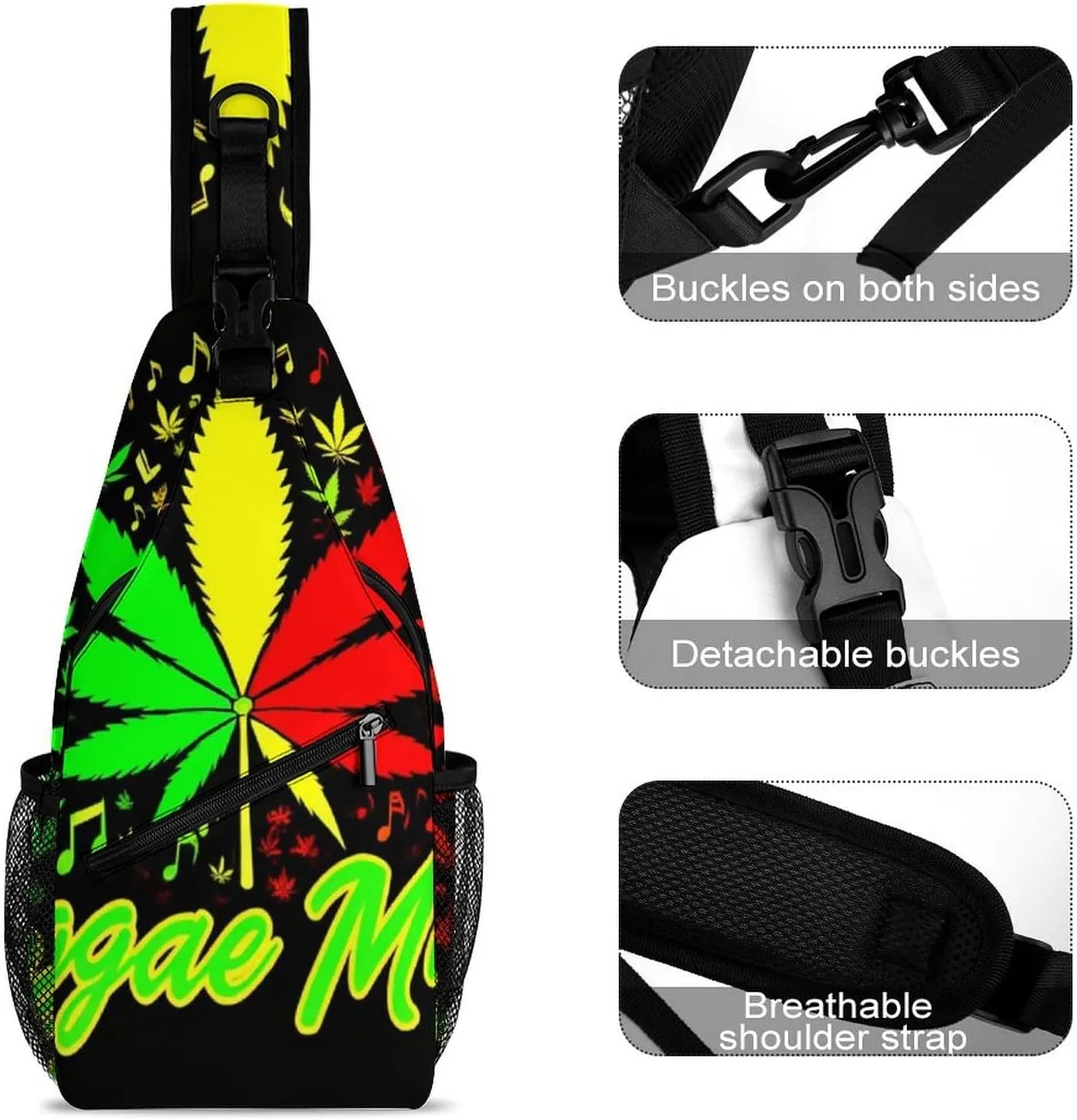 Elegant Crossbody Backpack, Rasta Flag Weedleaf Leaves Reggae Music Travel Hiking Chest Bag Adjustable Sling Pack for Purses Shoulder Bag for Women Men's Travel,Sports
