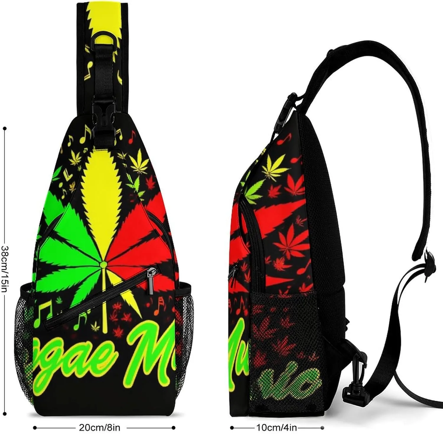 Elegant Crossbody Backpack, Rasta Flag Weedleaf Leaves Reggae Music Travel Hiking Chest Bag Adjustable Sling Pack for Purses Shoulder Bag for Women Men's Travel,Sports