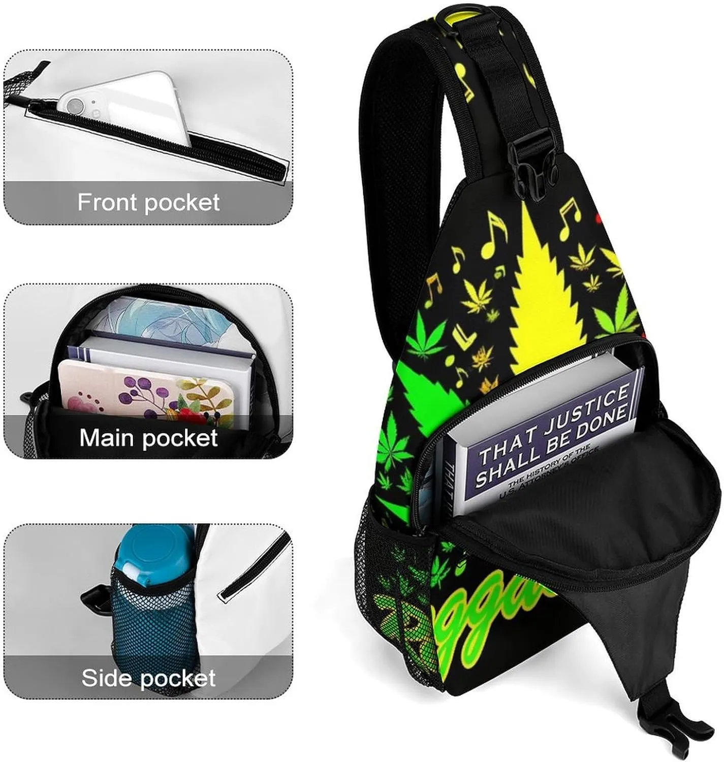 Elegant Crossbody Backpack, Rasta Flag Weedleaf Leaves Reggae Music Travel Hiking Chest Bag Adjustable Sling Pack for Purses Shoulder Bag for Women Men's Travel,Sports