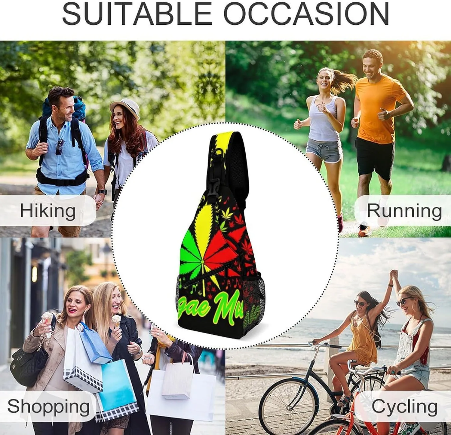 Elegant Crossbody Backpack, Rasta Flag Weedleaf Leaves Reggae Music Travel Hiking Chest Bag Adjustable Sling Pack for Purses Shoulder Bag for Women Men's Travel,Sports