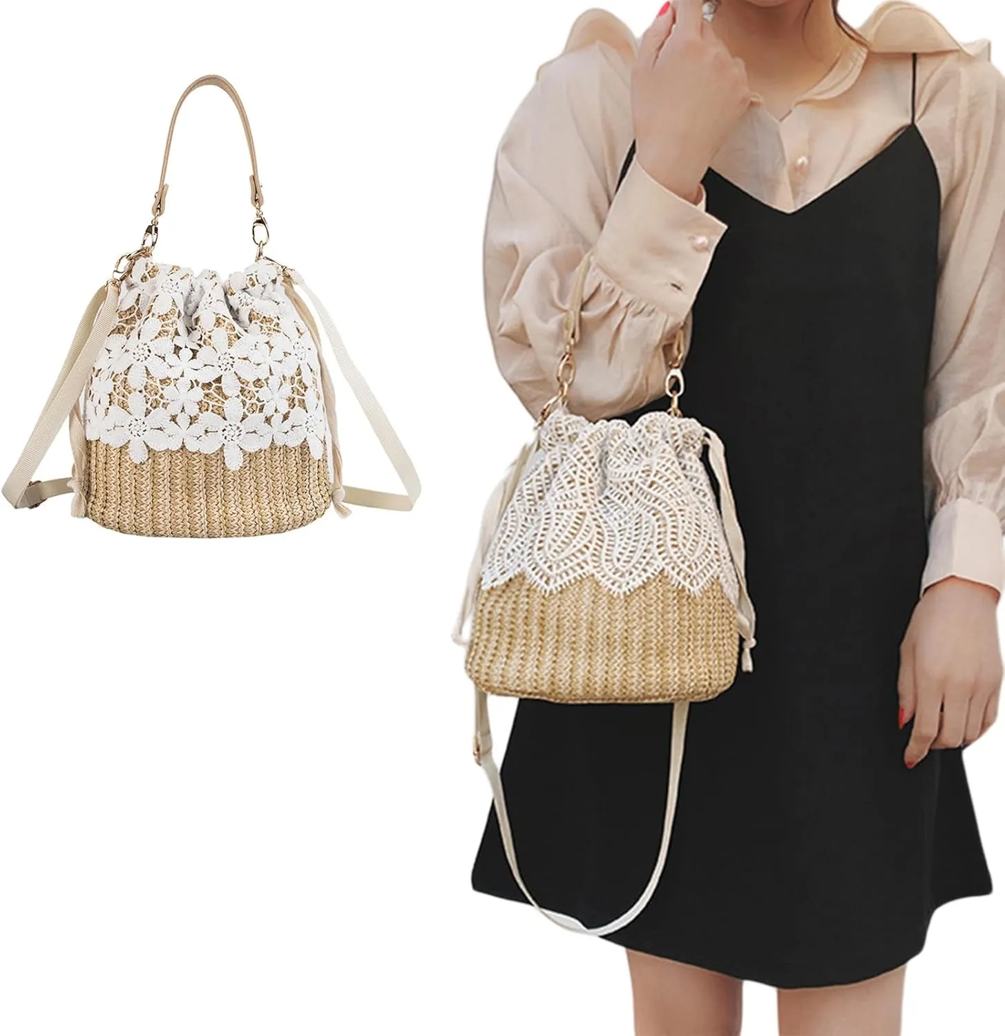 Elegant Lace Trim Straw Handbag for Women Stylish and Versatile Shoulder Crossbody Bags