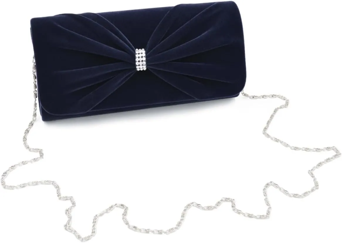 Elegant Rhinestone Bow Front Velvet Clutch Evening Bag Handbag