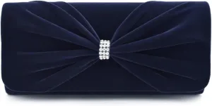 Elegant Rhinestone Bow Front Velvet Clutch Evening Bag Handbag