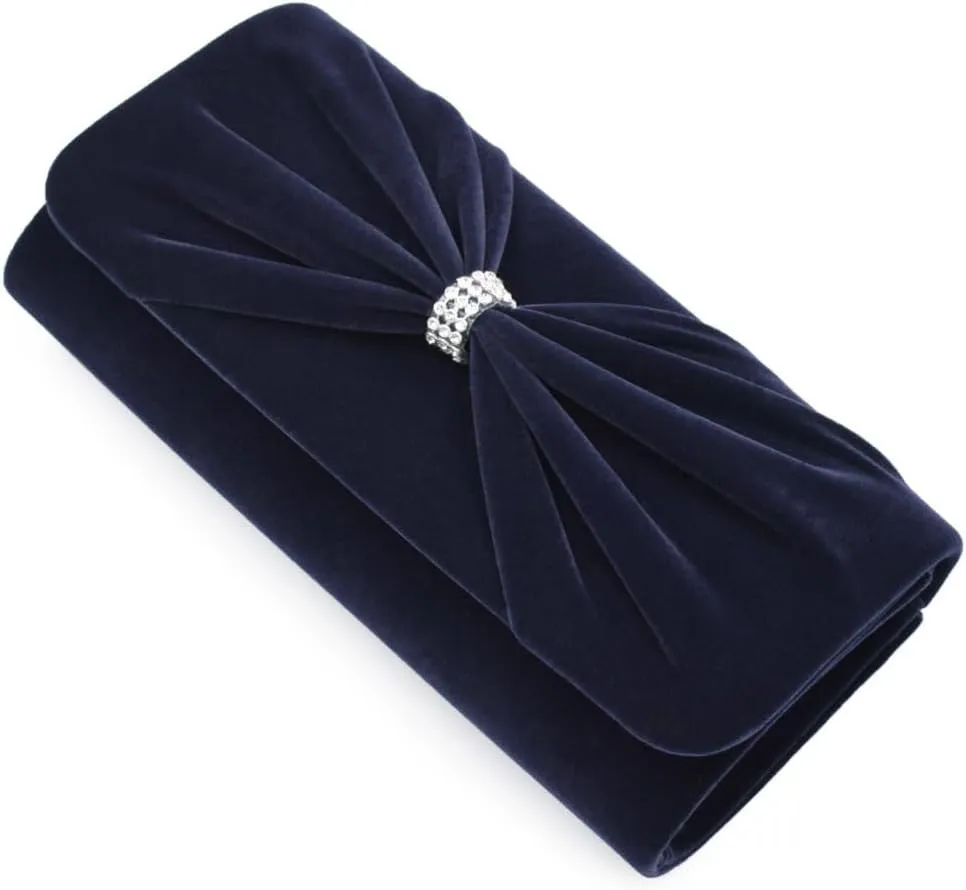 Elegant Rhinestone Bow Front Velvet Clutch Evening Bag Handbag