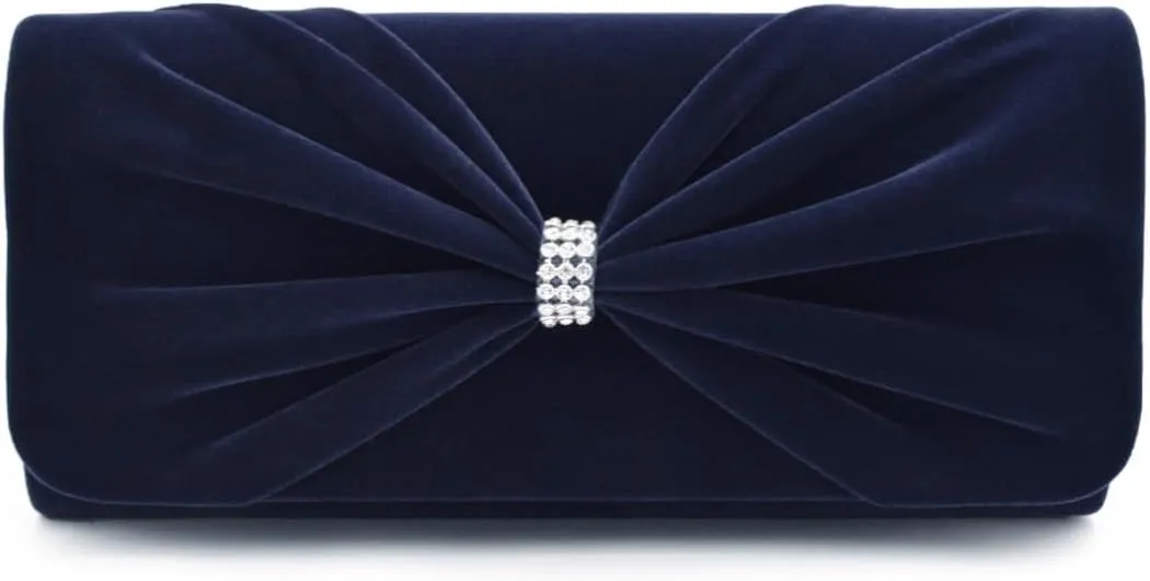Elegant Rhinestone Bow Front Velvet Clutch Evening Bag Handbag