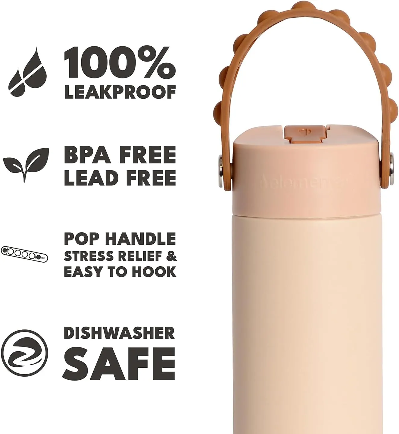 Elemental 100% Leak Proof When Spout is Closed Insulated Kids Water Bottle, Stainless Steel Bottle for School with Straw Lid & Pop-It Handle, for Travel and Sports, 18oz - Beige