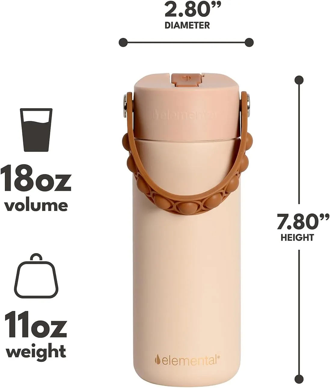 Elemental 100% Leak Proof When Spout is Closed Insulated Kids Water Bottle, Stainless Steel Bottle for School with Straw Lid & Pop-It Handle, for Travel and Sports, 18oz - Beige
