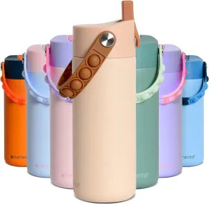 Elemental 100% Leak Proof When Spout is Closed Insulated Kids Water Bottle, Stainless Steel Bottle for School with Straw Lid & Pop-It Handle, for Travel and Sports, 18oz - Beige
