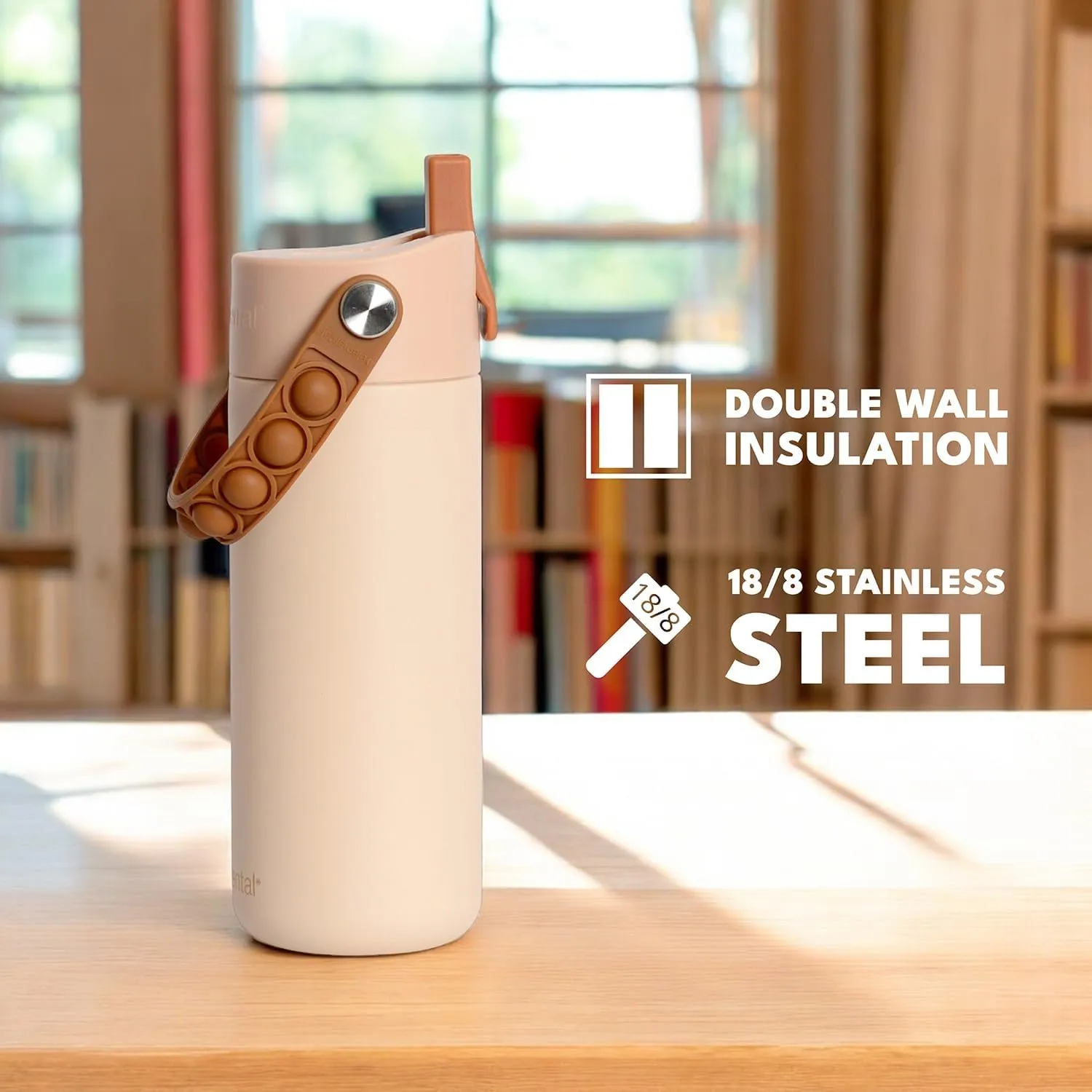 Elemental 100% Leak Proof When Spout is Closed Insulated Kids Water Bottle, Stainless Steel Bottle for School with Straw Lid & Pop-It Handle, for Travel and Sports, 18oz - Beige