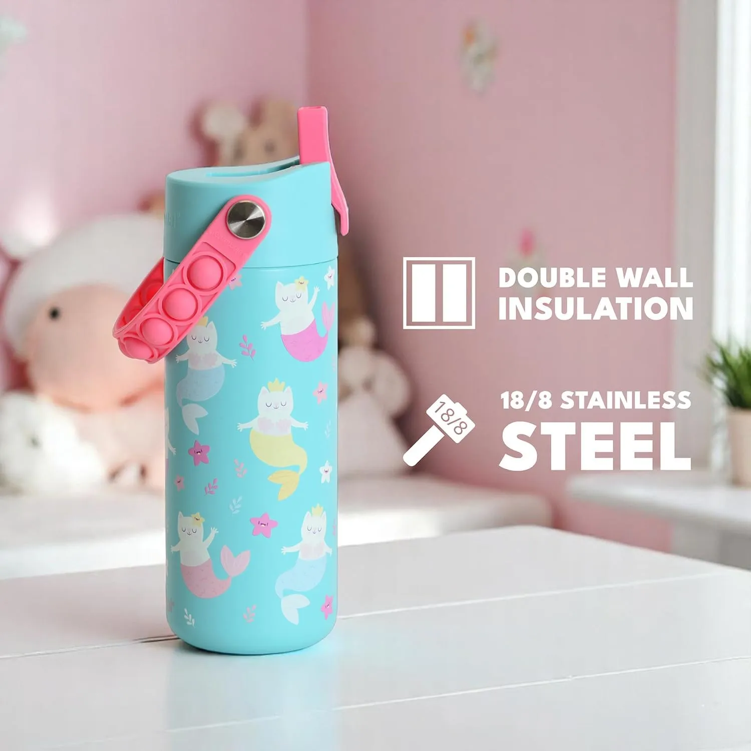 Elemental 100% Leak Proof When Spout is Closed Insulated Kids Water Bottle, Stainless Steel Bottle for School with Straw Lid & Pop-It Handle, for Travel and Sports, 18oz - Meowmaid