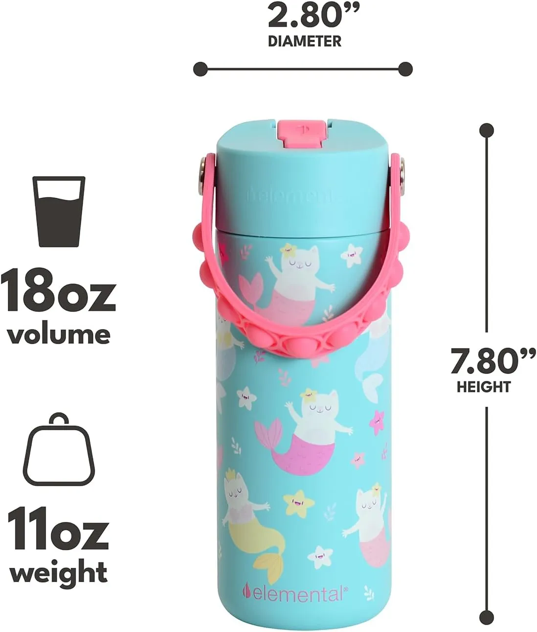 Elemental 100% Leak Proof When Spout is Closed Insulated Kids Water Bottle, Stainless Steel Bottle for School with Straw Lid & Pop-It Handle, for Travel and Sports, 18oz - Meowmaid