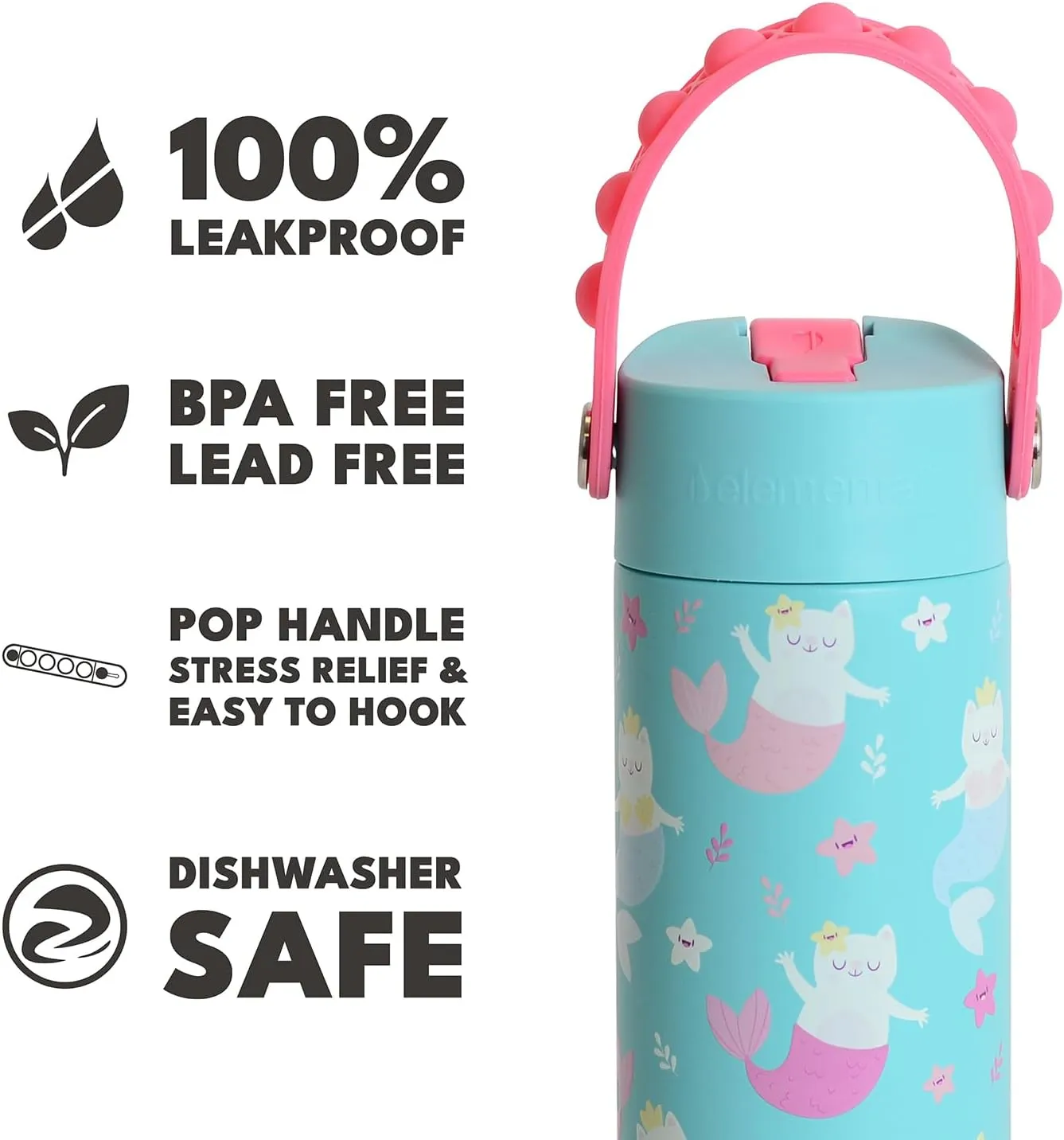Elemental 100% Leak Proof When Spout is Closed Insulated Kids Water Bottle, Stainless Steel Bottle for School with Straw Lid & Pop-It Handle, for Travel and Sports, 18oz - Meowmaid