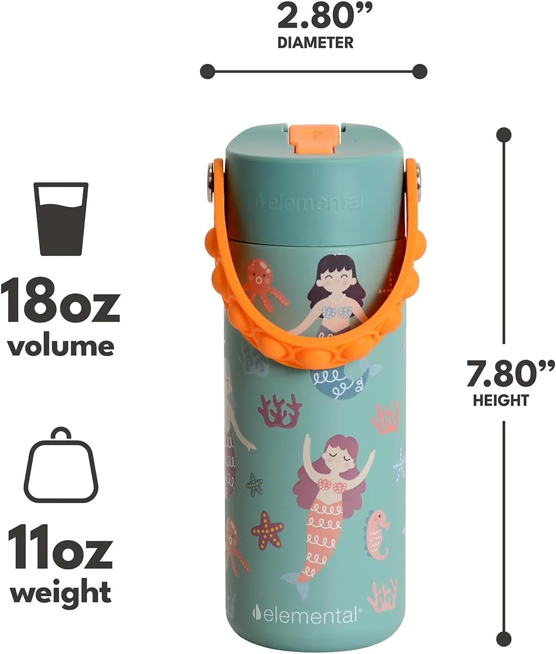 Elemental 100% Leak Proof When Spout is Closed Insulated Kids Water Bottle, Stainless Steel Bottle for School with Straw Lid & Pop-It Handle, for Travel and Sports, 18oz - Mermaid Sisters