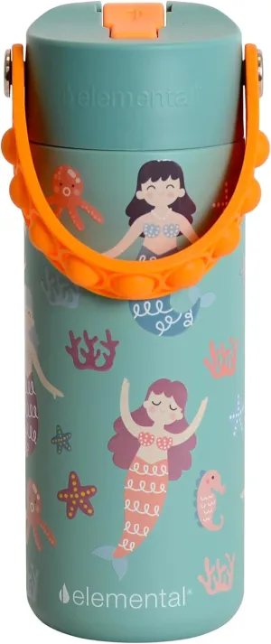 Elemental 100% Leak Proof When Spout is Closed Insulated Kids Water Bottle, Stainless Steel Bottle for School with Straw Lid & Pop-It Handle, for Travel and Sports, 18oz - Mermaid Sisters