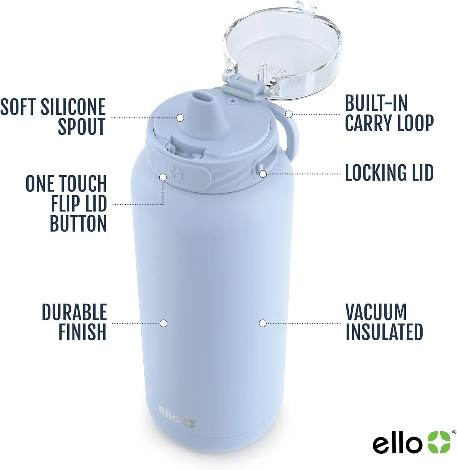 Ello Cooper 22oz Stainless Steel Water Bottle with Straw and Carry Handle, Double Walled and Vacuum Insulated Metal, Leak Proof Locking Lid with Soft Silicone Spout, Reusable, BPA Free, Halogen Blue