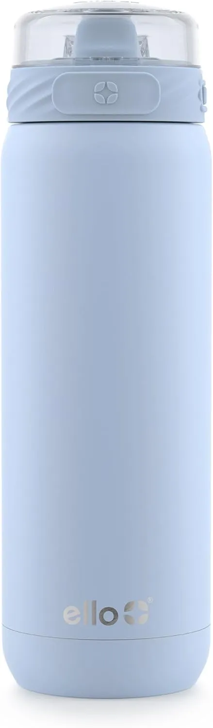 Ello Cooper 22oz Stainless Steel Water Bottle with Straw and Carry Handle, Double Walled and Vacuum Insulated Metal, Leak Proof Locking Lid with Soft Silicone Spout, Reusable, BPA Free, Halogen Blue