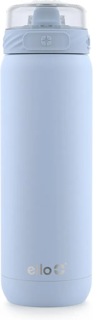 Ello Cooper 22oz Stainless Steel Water Bottle with Straw and Carry Handle, Double Walled and Vacuum Insulated Metal, Leak Proof Locking Lid with Soft Silicone Spout, Reusable, BPA Free, Halogen Blue