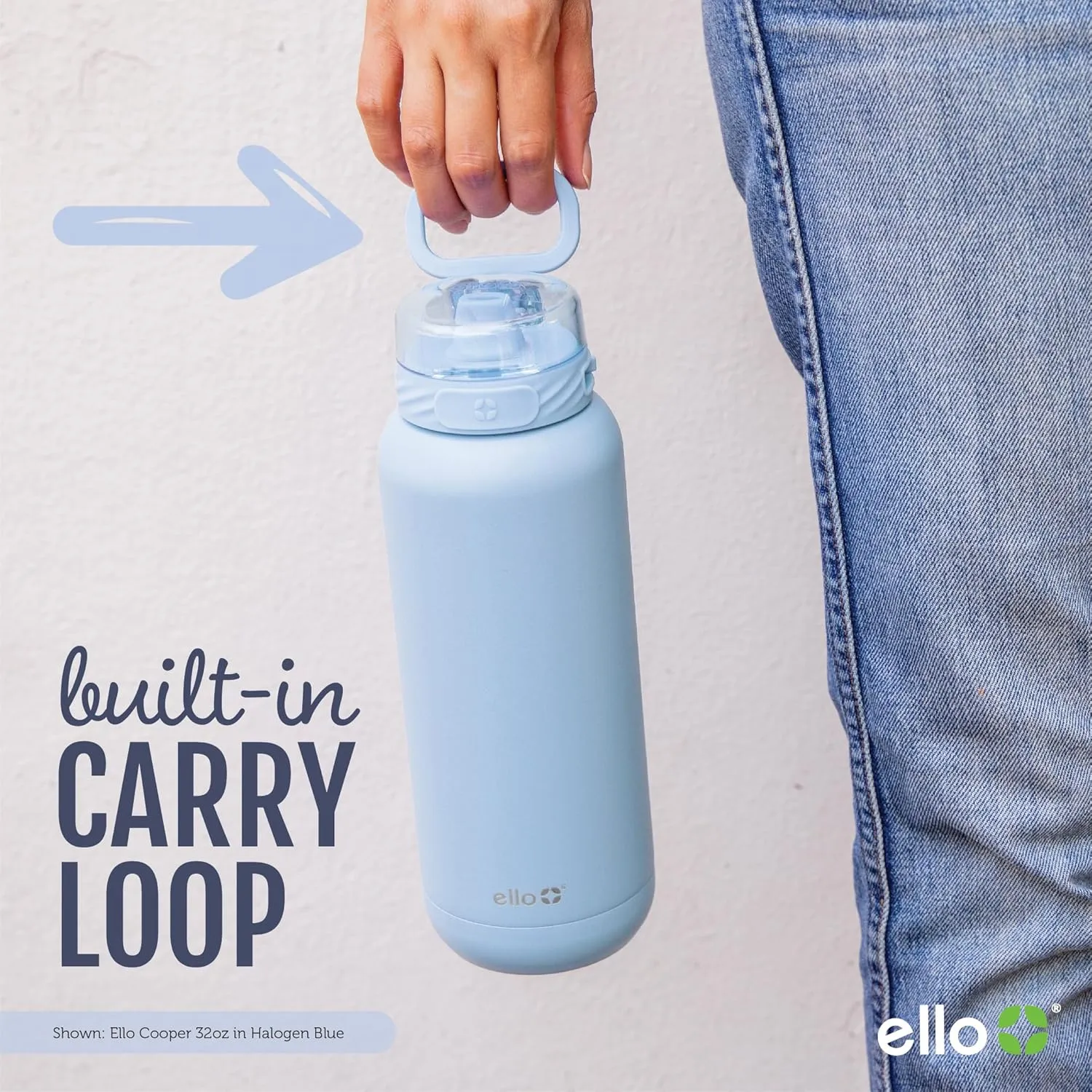 Ello Cooper 32oz Stainless Steel Water Bottle with Straw and Carry Handle, Double Walled and Vacuum Insulated Metal, Leak Proof Locking Lid with Soft Silicone Spout, Reusable, BPA Free, Yucca