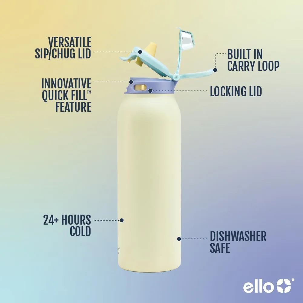 Ello Pop & Fill Stainless Steel Water Bottle with Quick Fill Technology, Double Walled Vacuum Insulated Metal, Leak Proof Locking Lid, Sip & Chug, BPA Free, Holiday Gift for Him Her, 22oz, 32oz, 40oz