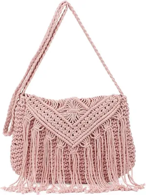 Emprier Retro Crochet Crossbody Shoulder Bag for Women Woven Fringe hobo bags Summer Beach Handmade Purse