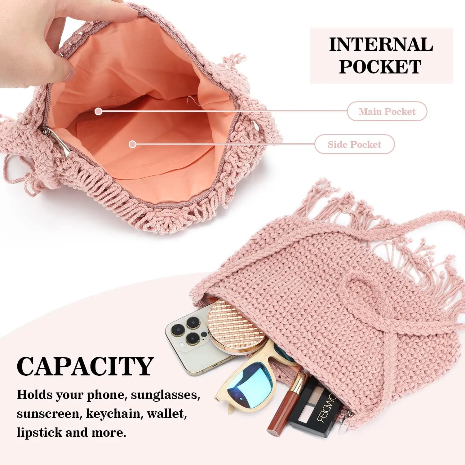 Emprier Retro Crochet Crossbody Shoulder Bag for Women Woven Fringe hobo bags Summer Beach Handmade Purse