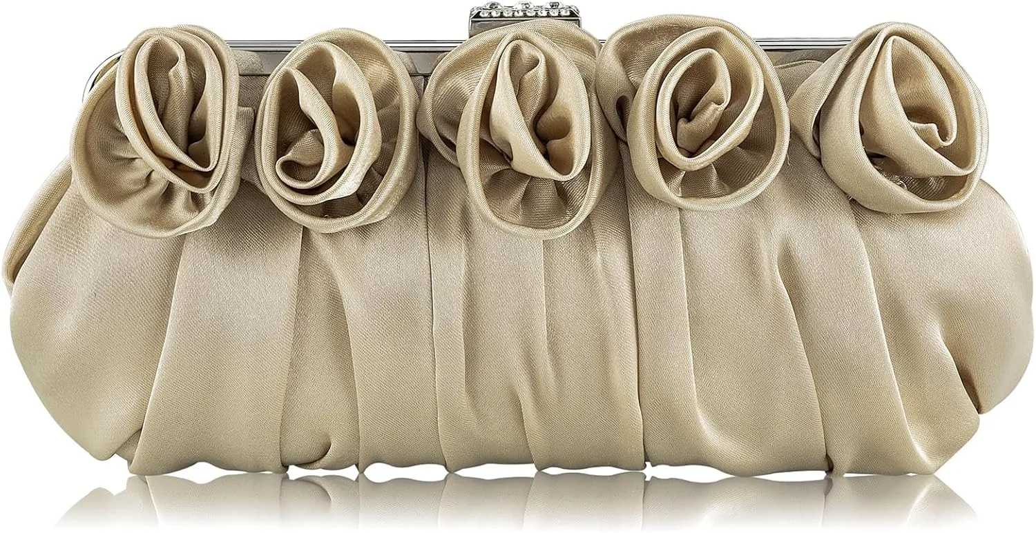 Evening Clutch Purses Rose Shaped Handbags Pleated Silk Elegant Floral Purse for Women Wedding Party