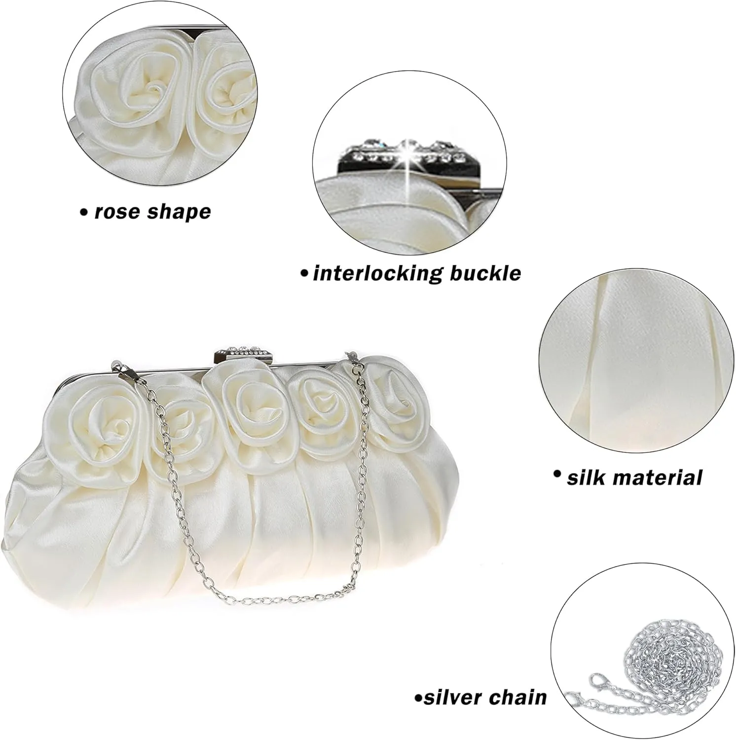 Evening Clutch Purses Rose Shaped Handbags Pleated Silk Elegant Floral Purse for Women Wedding Party