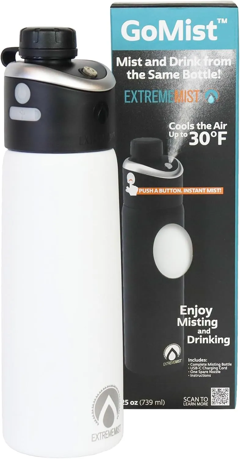 ExtremeMIST - GoMist Misting & Drinking Bottle - Personal Mister - Cooling Water Bottle with Easy-Drink Spout - Stainless-Steel Double Wall Insulation - Portable Mist Flask - Polar White, 25 oz/750ml