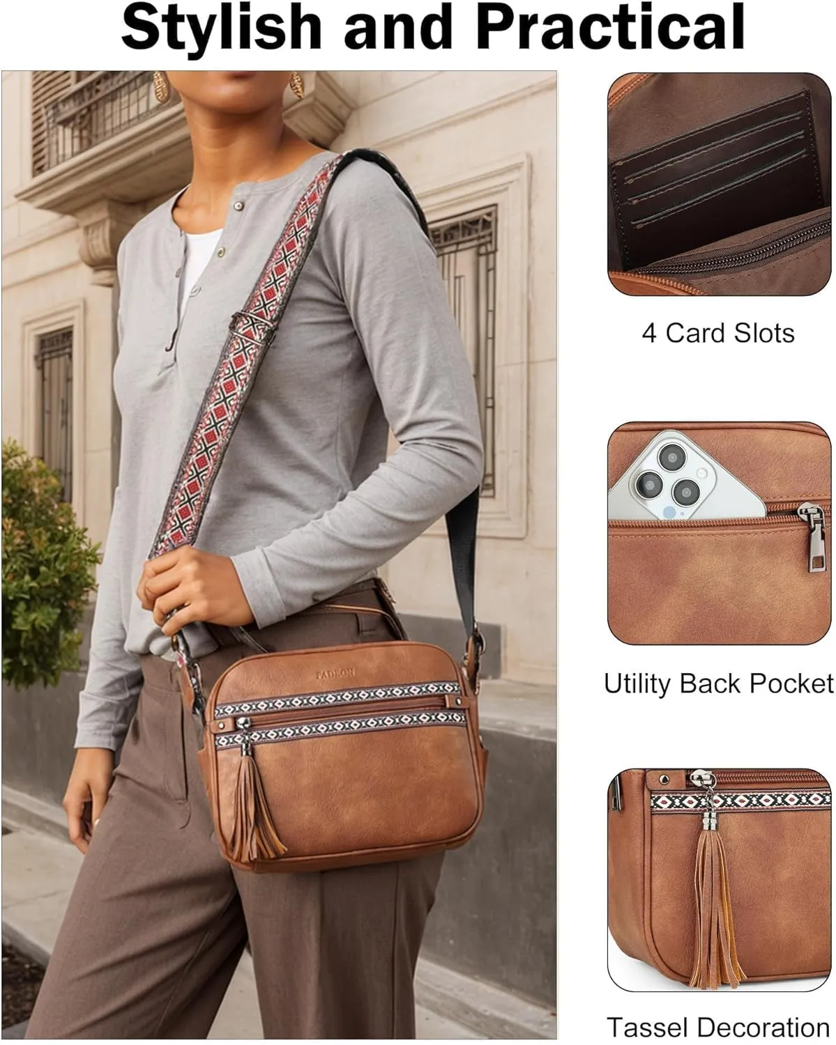 FADEON Crossbody Bags for Women Designer Vegan Leather Crossbody Purse Multi-pocket Medium Shoulder Bag with Card Slots