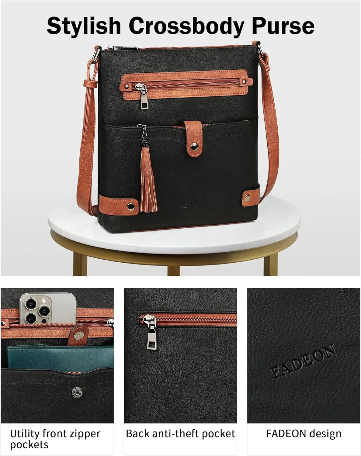 FADEON Crossbody Purses for Women Crossbody Bag, Designer Multi Pockets Shoulder Travel Purses with Tassel
