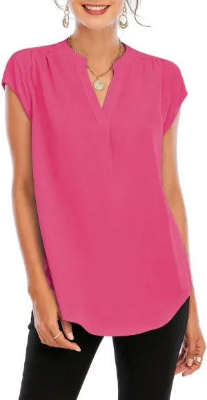 Famulily Womens Split V Neck Cap Sleeve Tops Frill Trim Elegant Work Office Blouse Shirts