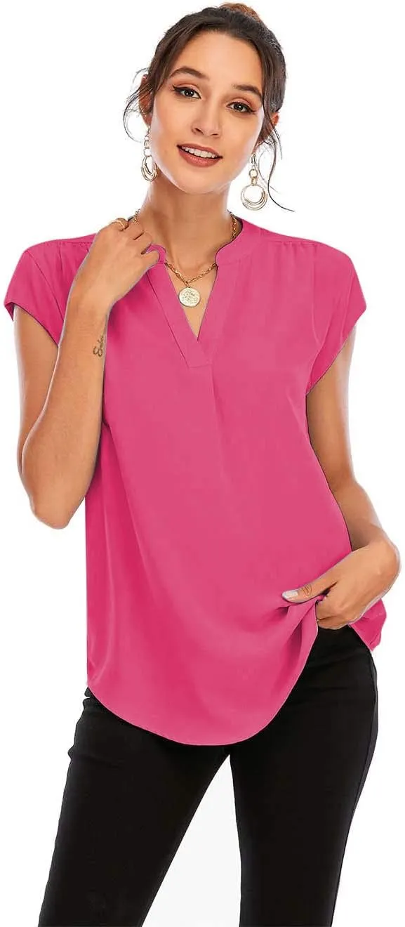 Famulily Womens Split V Neck Cap Sleeve Tops Frill Trim Elegant Work Office Blouse Shirts