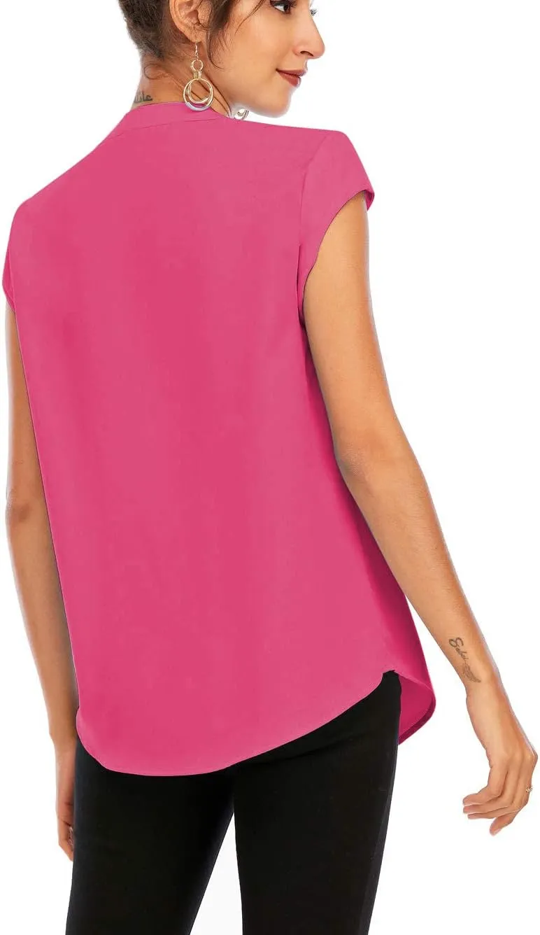 Famulily Womens Split V Neck Cap Sleeve Tops Frill Trim Elegant Work Office Blouse Shirts
