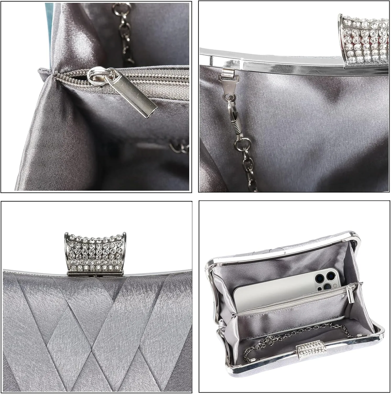 Fashion Womens Jane Satin Diamante Clutch Rhinestone Evening Bridal Prom Party Handbag Crossbody Purse Chain Bag
