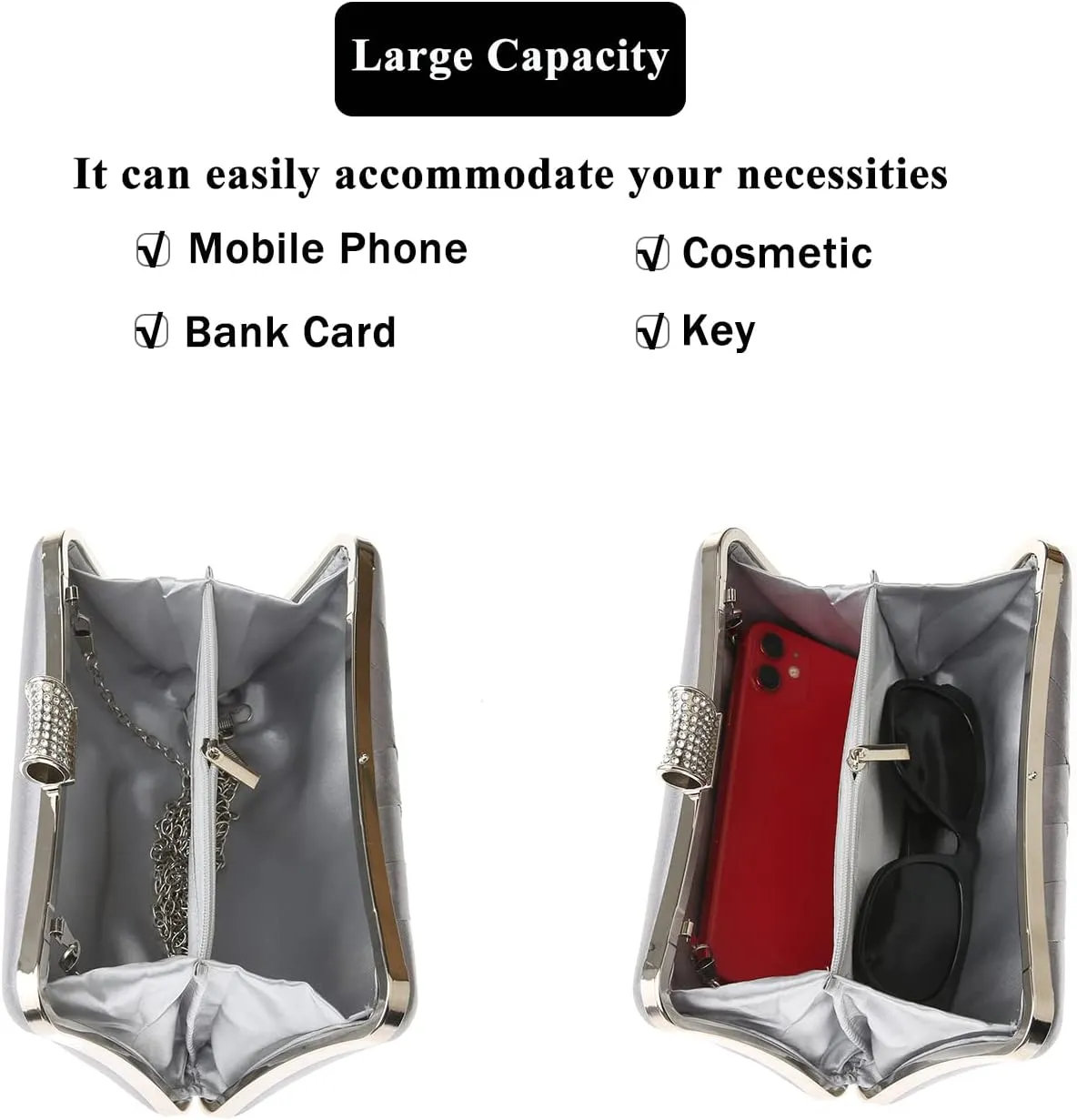 Fashion Womens Jane Satin Diamante Clutch Rhinestone Evening Bridal Prom Party Handbag Crossbody Purse Chain Bag