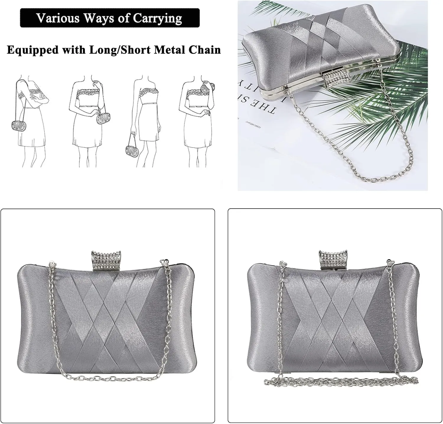 Fashion Womens Jane Satin Diamante Clutch Rhinestone Evening Bridal Prom Party Handbag Crossbody Purse Chain Bag