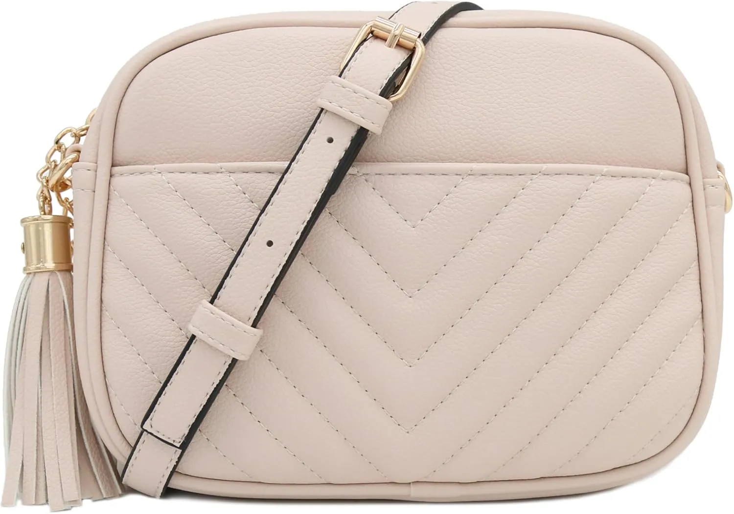 FashionPuzzle Chevron Quilted Crossbody Camera Bag with Chain Strap and Tassel