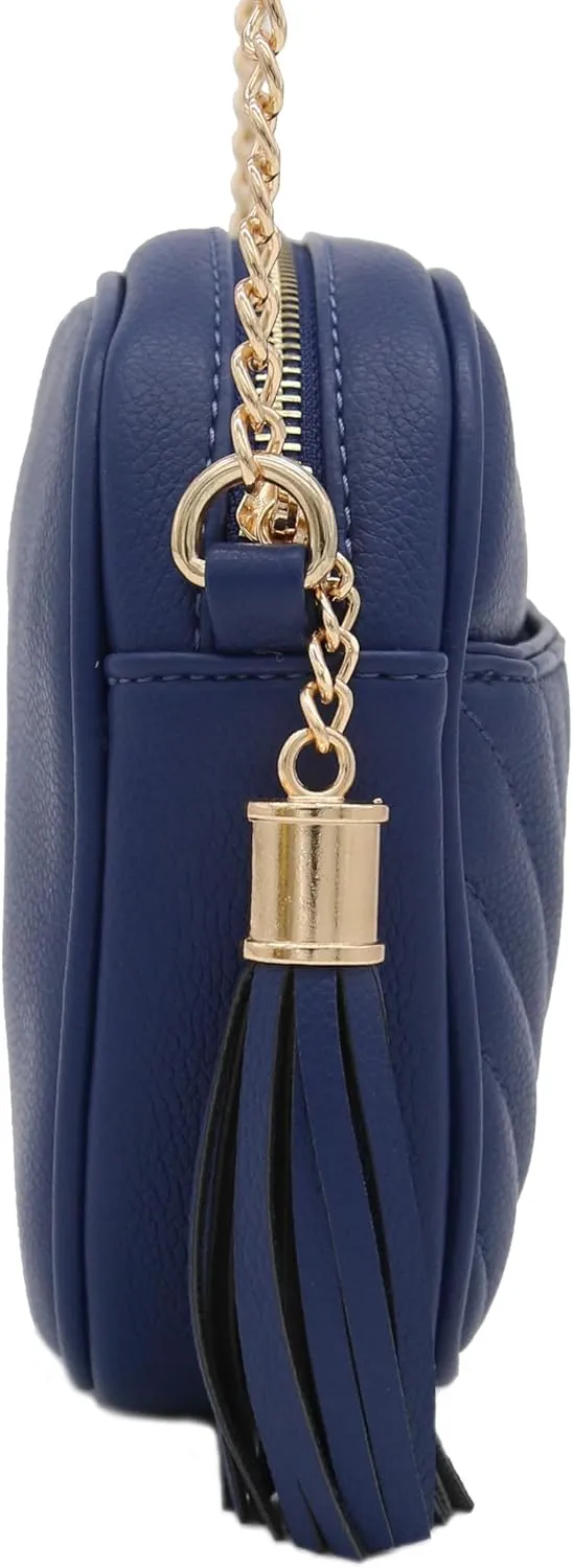 FashionPuzzle Chevron Quilted Crossbody Camera Bag with Chain Strap and Tassel