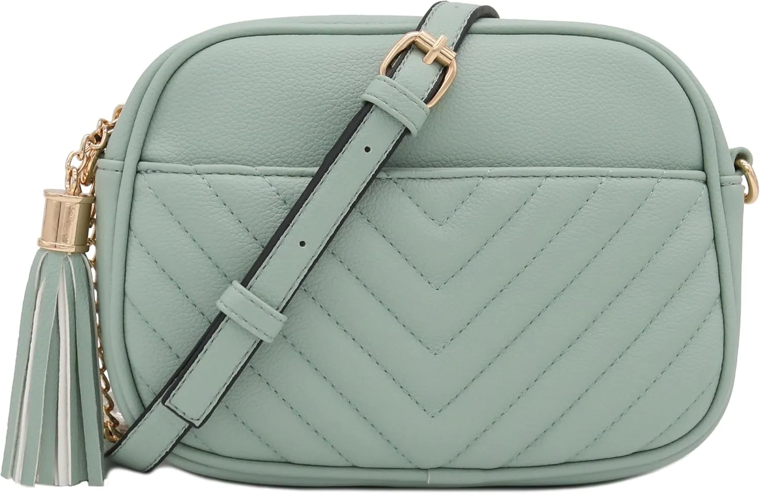 FashionPuzzle Chevron Quilted Crossbody Camera Bag with Chain Strap and Tassel