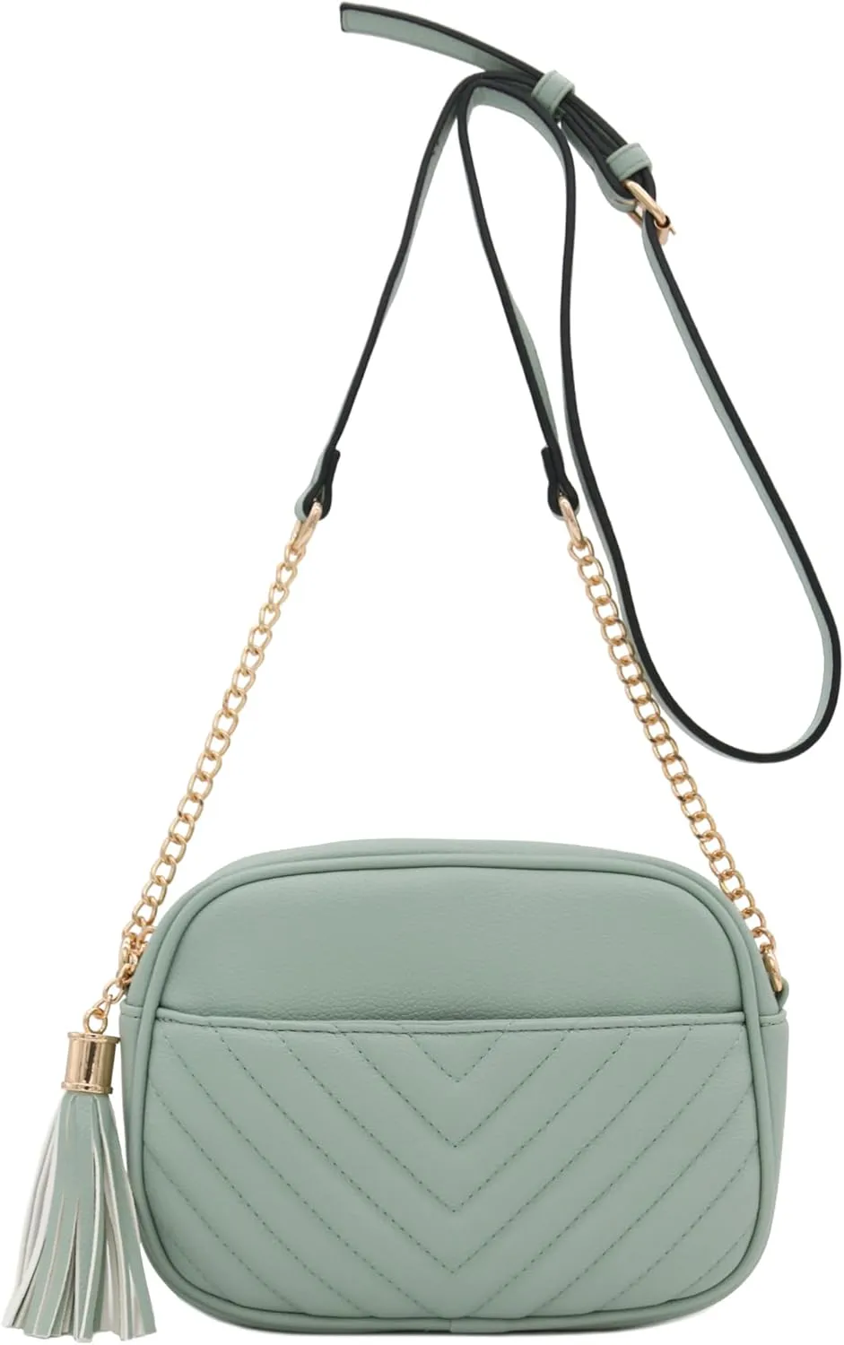 FashionPuzzle Chevron Quilted Crossbody Camera Bag with Chain Strap and Tassel