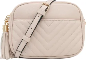 FashionPuzzle Chevron Quilted Crossbody Camera Bag with Chain Strap and Tassel