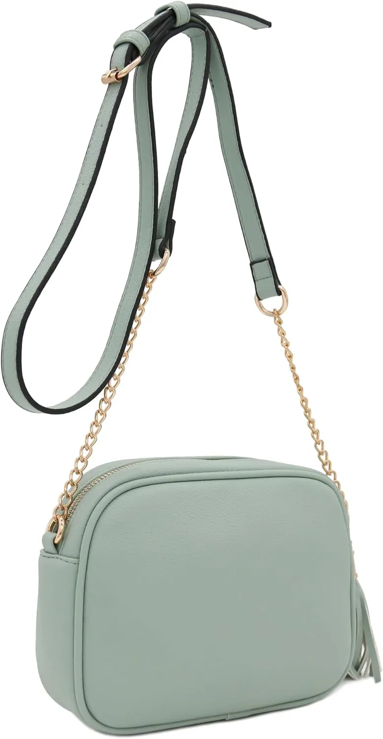 FashionPuzzle Chevron Quilted Crossbody Camera Bag with Chain Strap and Tassel