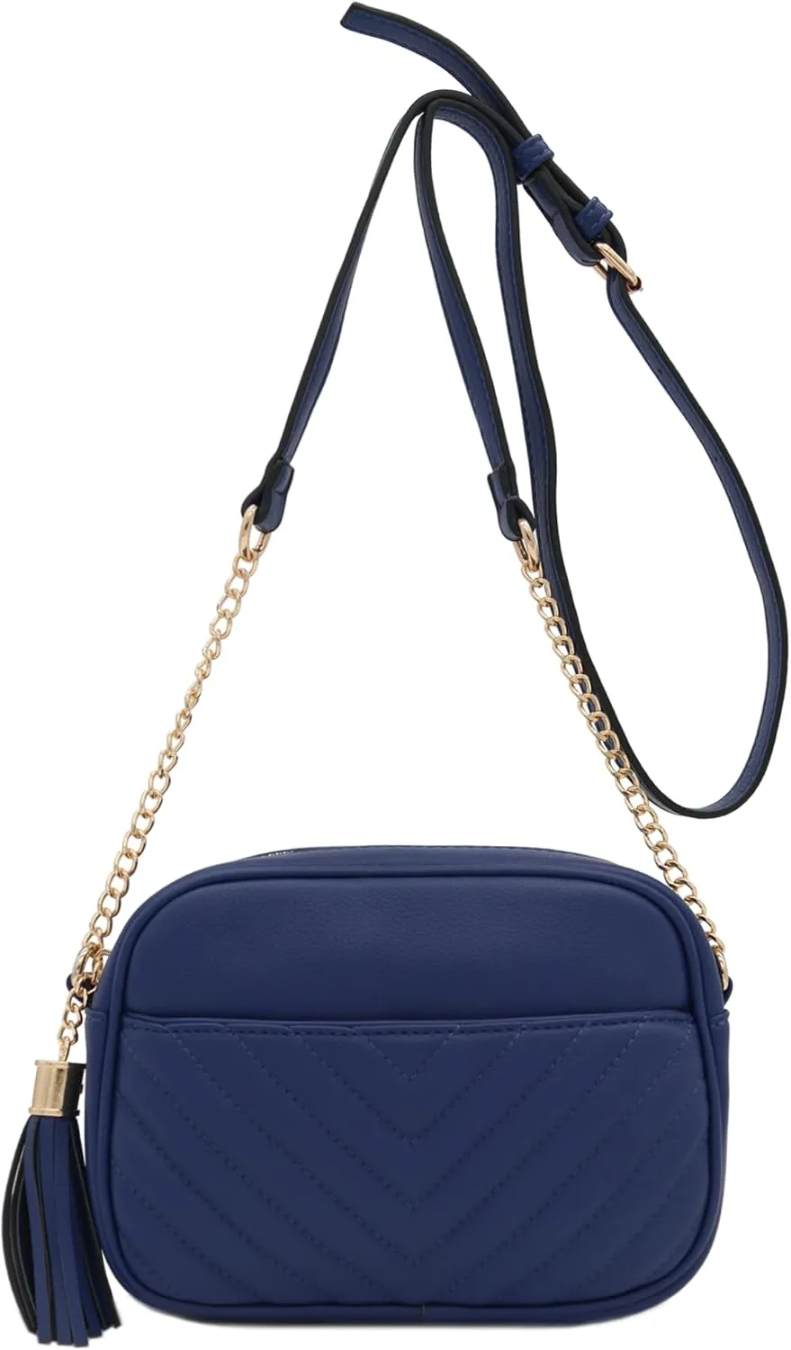 FashionPuzzle Chevron Quilted Crossbody Camera Bag with Chain Strap and Tassel