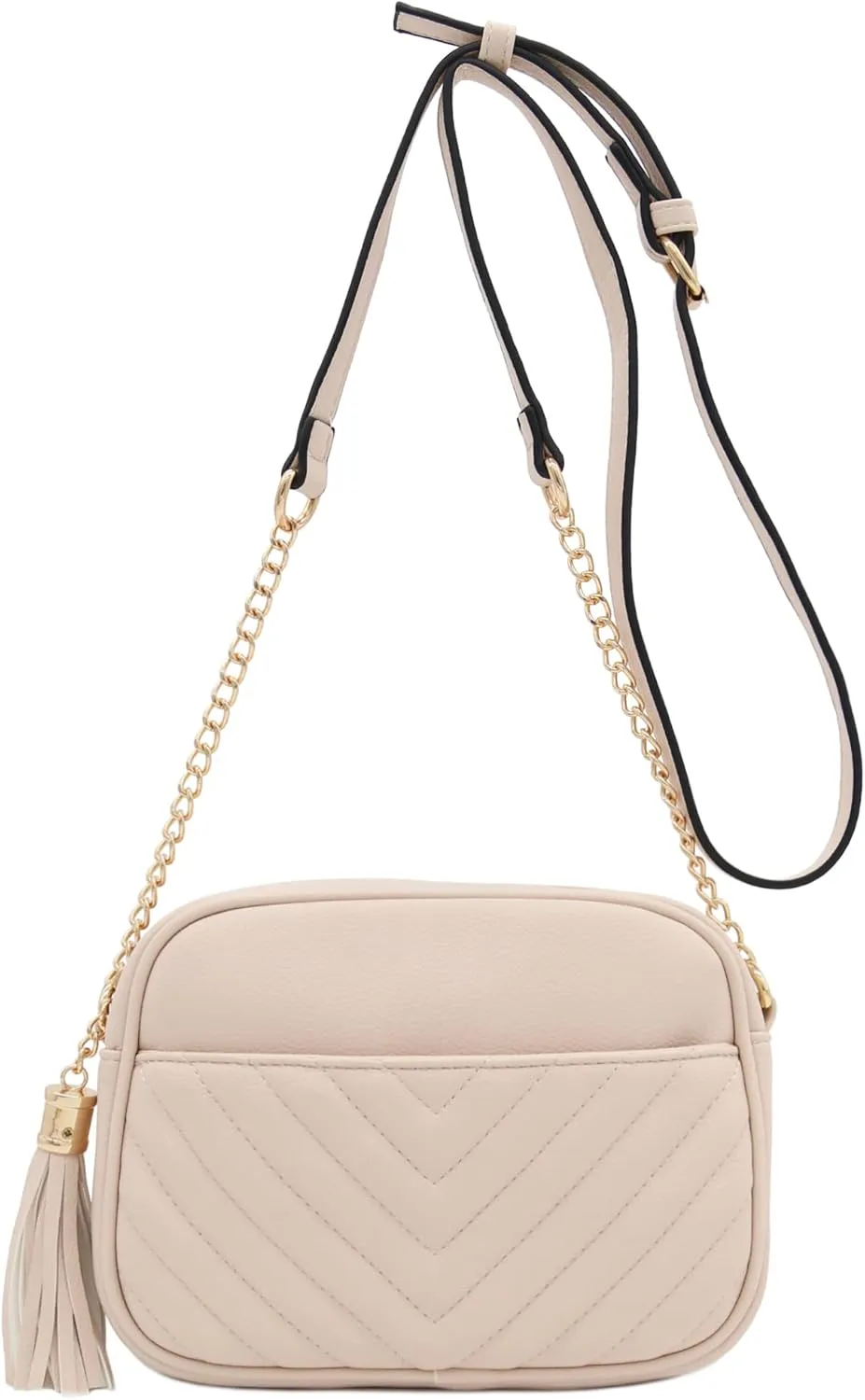 FashionPuzzle Chevron Quilted Crossbody Camera Bag with Chain Strap and Tassel